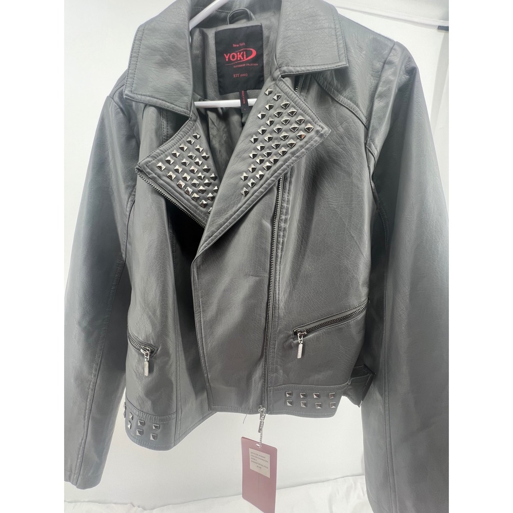 YOKI New York Studded Motorcycle Jacket Charcoal Gray Faux Leather Size L